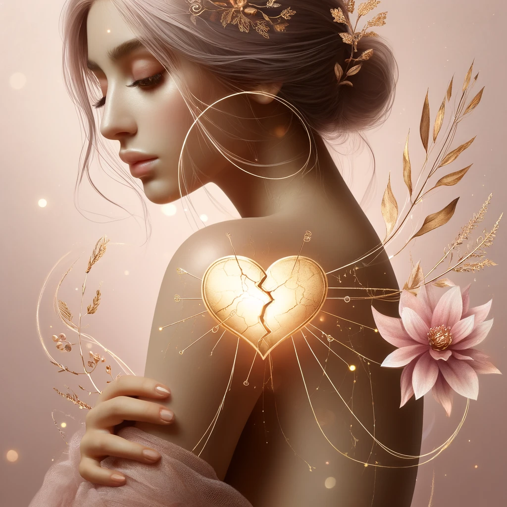 DALL·E 2025-01-26 23.25.13 - A highly aesthetic representation of a woman with a heart symbol that appears wounded but is healing. The heart glows softly with golden light, surrou