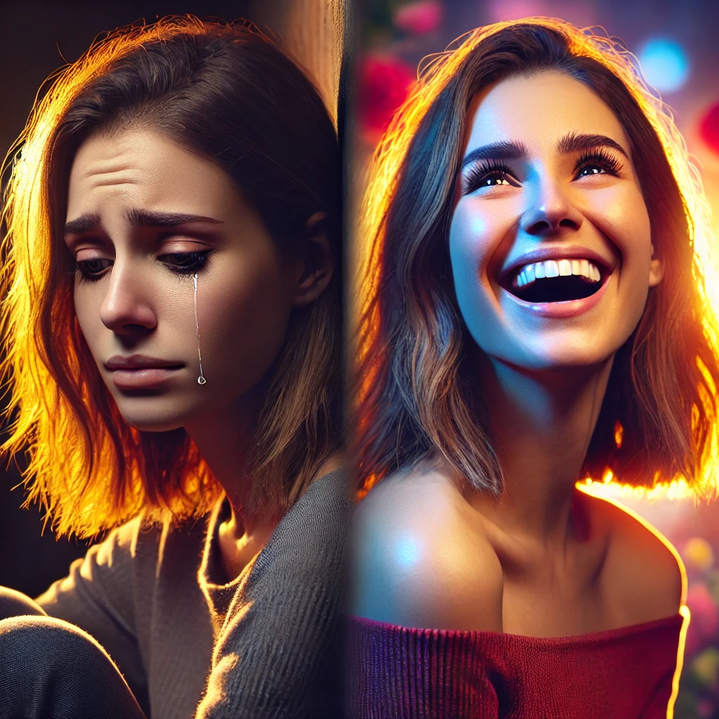 DALL·E 2025-02-05 00.15.48 - A side-by-side comparison of the same woman in two different emotional states. On the left, she appears sad, with tears in her eyes, a slouched postur