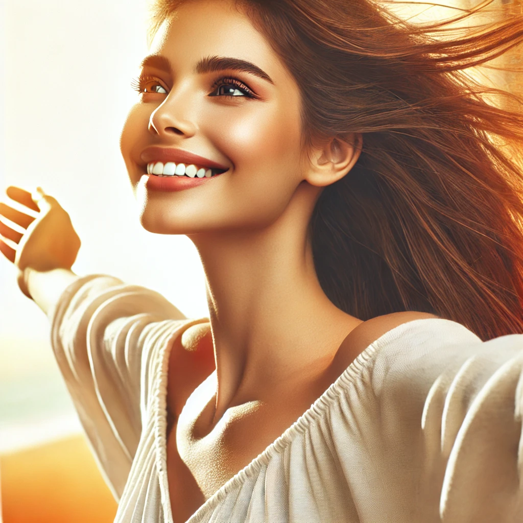 DALL·E 2025-02-06 17.30.58 - A realistic and vibrant image of a joyful and free woman. She stands outdoors with her arms open wide, smiling radiantly. Her hair flows naturally in
