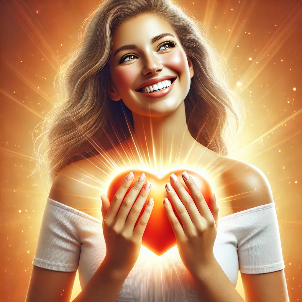 DALL·E 2025-02-06 17.39.35 - A realistic and vibrant image of a joyful woman holding a glowing, healthy heart in her hands. She has a bright, confident smile and an expression of